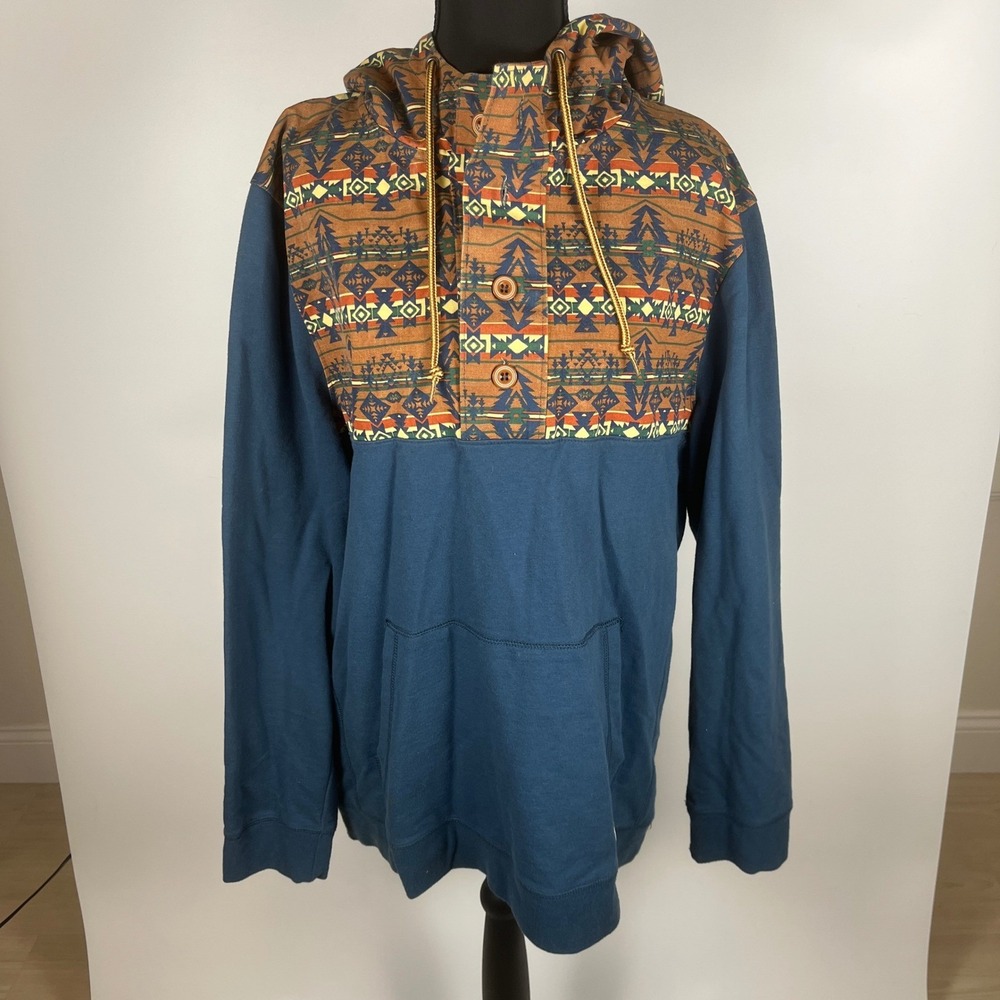 Dravus Mens Southwestern Print Button Hoodie Navy Blue Geometric Pullover Large